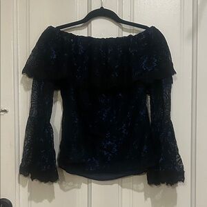 White House Black Market Black and Blue Lace Blouse